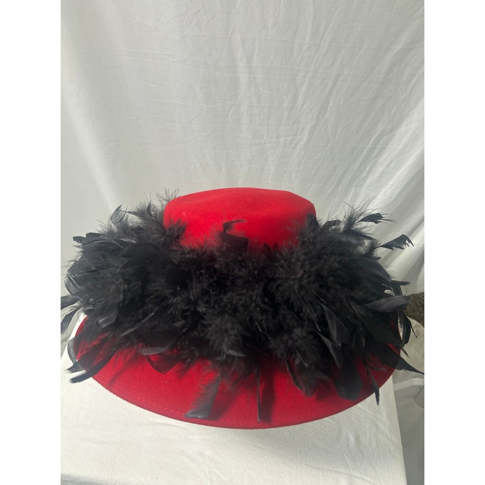 Betmar New York Red Wool Felt Wide Brim Hat Black Feather Trim Made in USA#9*957